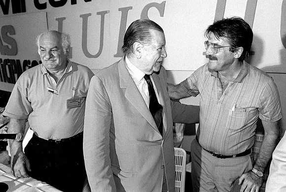 Convencion del Movimiento Al Socialismo, MAS, en la Ciudad Vacacional Los Caracas, antes de la campana presidencial de Cardera. Pompeyo Marquez, Rafael Caldera y Teodoro Petkoff.